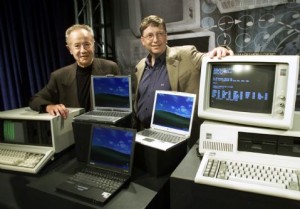 File photo of Microsoft Corp. Chairman Gates joined by Intel Corp. Chairman Grove at the Tech Museum of Innovation in San Jose