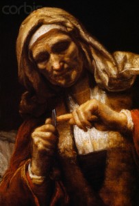 Detail of Old Woman Cutting Her Nails by School of Rembrandt