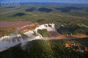 South America, Brazil, Parana, Aerial view of the Orient Express Hotel das Cataratas next to the Iguazu falls on the frontier of Brazil and Argentina.