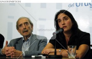 Gelman speaks to the media after a ceremony in which the Uruguayan government assumed responsibility for the kidnapping and the murder of her mother in Montevideo