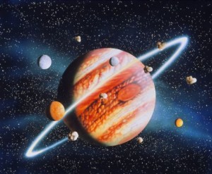 Artwork of Jupiter with moons and ring
