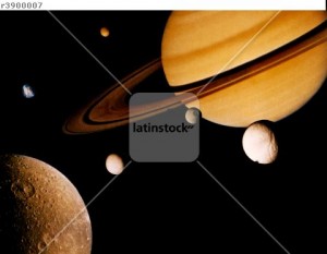 Voyager 2 composite of Saturn & 6 of its moons