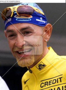 File picture of rider Marco Pantani of Italy, leader's yellow jersey holder, prior to the 147.5km 21st and final stage of the Tour de France cycling race which ends on the Champs-Elysees Avenue in Paris