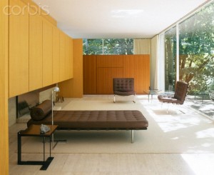 Farnsworth House, Plano, Illinois, 1945-1950. Living space with Barcelona day bed and chairs designed by Mies, 1929.