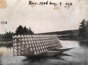 Alexander Graham Bell's tetrahedral kite is towed on the water.