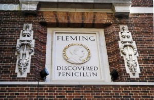 Stone plaque commemorating the discovery of penicillin by Sir Alexander Fleming at St Marys Hospital