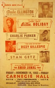 A rare poster for a six act line-up including Duke Ellington, Billie Holiday, Charlie Parker, Dizzy Gillespie, Stan Getz and the Amad Jamal Trio