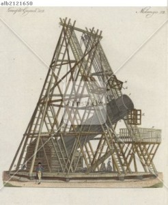 Sir WIlliam Herschel's telescope or the Great Forty-Foot telescope built between 1785 and 1789 at Observatory House in Slough, England. Handcoloured copperplate engraving from Bertuch's "Bilderbuch fur Kinder" (Picture Book for Children), Weimar, 1798....