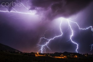 Lightning bolts over south Okanagan Valley, Penticton, British Columbia, Canada