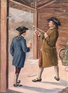 Illustration of Benjamin Franklin and Assistant Performing Lightning Experiment