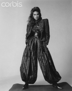 Model wearing in silk taffeta parachute pants