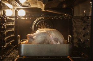 View of turkey in oven