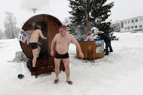 People visit a mobile sauna during the European Sauna Marathon in Otepaa. Photo by Ints Kalnins