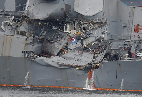 The Arleigh Burke-class guided-missile destroyer USS Fitzgerald, damaged by colliding with a Philippine-flagged merchant vessel, is seen at the U.S. naval base in Yokosuka, south of Tokyo, Japan June 18, 2017. REUTERS/Toru Hanai