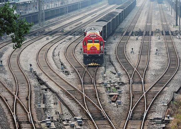 A freight train that originated in the German city of Duisburg and travelled the Chongqing-Xinjiang-Europe Railway route arrives in Dazhou, China June 18, 2017. REUTERS/Stringer ATTENTION EDITORS - THIS IMAGE WAS PROVIDED BY A THIRD PARTY. CHINA OUT. NO COMMERCIAL OR EDITORIAL SALES IN CHINA.