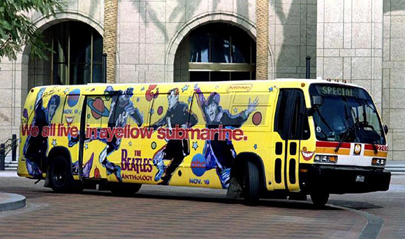 A Los Angeles Metropolitan Transit Authority bus turns a corner November 10 advertising the ABC Television Special "The Beatles Anthology," which will air November 19. Eight MTA buses will advertise the special, and the soon to be released three double CD set of archival Beatles music