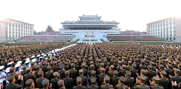  Army personnel and people gather at Kim Il Sung Square in Pyongyang July 6, 2017 to celebrate the successful test-launch of intercontinental ballistic rocket Hwasong-14. in this photo released by North Korea's Korean Central News Agency (KCNA) in Pyongyang July 7, 2017. Photo by KCNA