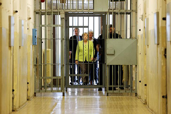 German Chancellor Angela Merkel visits a former Stasi prison in Berlin-Hohenschoenhausen in Berlin, Germany, August 11, 2017. Photo by Wolfgang Kumm