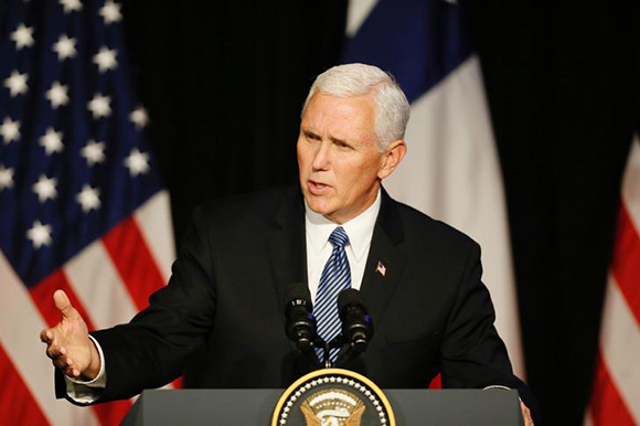 U.S. Vice President Mike Pence delivers a speech during a meet with members of the US Chamber of Commerce, the Association of North American Chambers of Commerce of Latin America (AACCLA) and the Chilean-North American Chamber (AmCham Chile) at Santiago, Chile August 16, 2017. Photo by Rodrigo Garrido