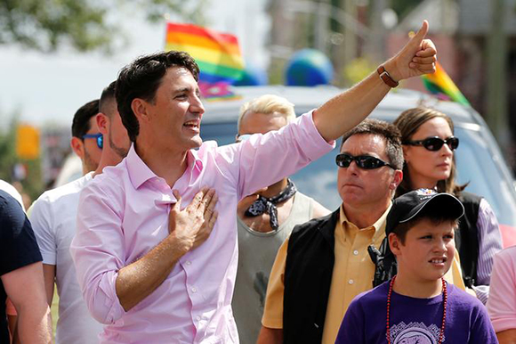 Canada's Prime Minister Justin Trudeau takes part in the Ottawa Pride Parade with his son Xavier in Ottawa, Ontario, Canada, August 27, 2017. Photo by Chris Wattie