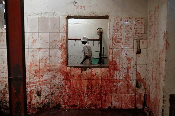 An employee works at a slaughterhouse near Nairobi, Kenya. Photo by Baz Ratner