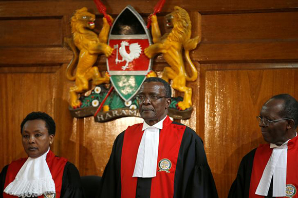 Kenya's Supreme Court judge chief justice David Maraga (C) presides before delivering the ruling making last month's presidential election in which Uhuru Kenyatta's win was declared invalid in Nairobi, Kenya September 1, 2017. Photo by Baz Ratner