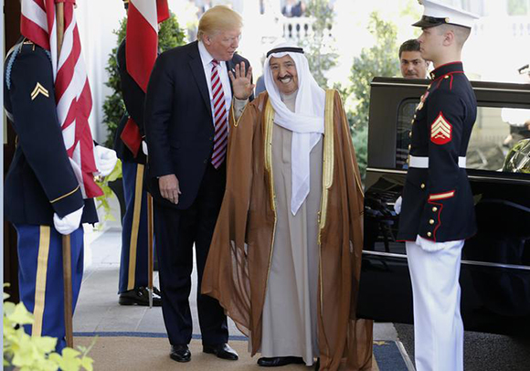 U.S. President Donald Trump (L) welcomes Emir of Kuwait Sabah Al-Ahmad Al-Jaber Al-Sabah (C) at the White House in Washington, U.S., September 7, 2017. Photo by Jonathan Ernst