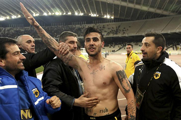 AEK Athens' Giorgos Katidis (C) celebrates a goal during a Super League soccer match against Veria at the Olympic stadium in Athens. Photo by Giannis Liakos