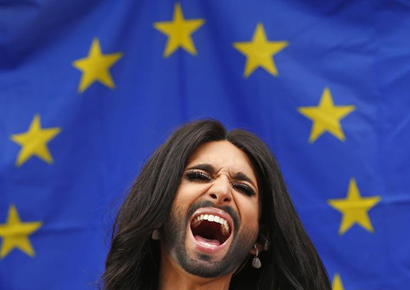 Conchita Wurst, the bearded transgender winner of the Eurovision Song Contest, performs during a concert at the European Parliament in Brussels. Photo by Yves Herman