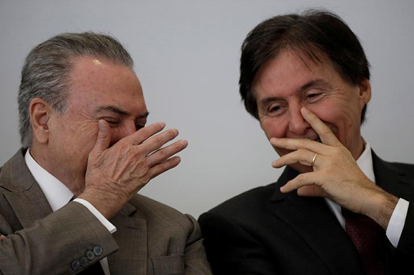  Brazil's President Michel Temer gestures near Senator Eunicio Oliveira, President of the Federal Senate during the Progredir plan launching ceremony (Qualification, Employment and Income for Those Who Need More) in Brasilia, Brazil, September 26, 2017. Photo by Ueslei Marcelino 