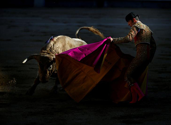 Bullfighter Adrian Henche performs a pass to a bull during the Pilar's bullfighting fair at Las Ventas bullring in Madrid, Spain, October 8, 2017. Photo by Javier Barbancho 