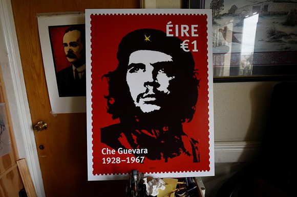 Artist Jim Fitzpatrick who has created an Irish postage stamp using the poster of Che Guevara he created in 1968 entitled 'Viva Che!' based on a photograph by Alberto Korda poses for a picture at his studio in Dublin, Ireland October 11, 2017. REUTERS/Clodagh Kilcoyne