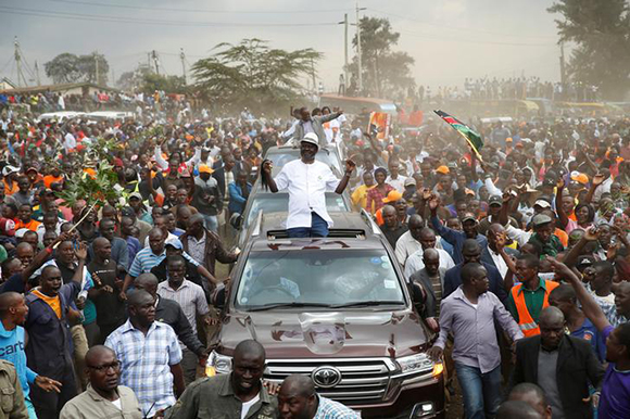  Kenyan opposition leader Raila Odinga, the presidential candidate of the National Super Alliance (NASA) coalition, arrives for a political rally at the Kamukunji grounds in Nairobi, Kenya, October 18, 2017. Photo by Baz Ratner 