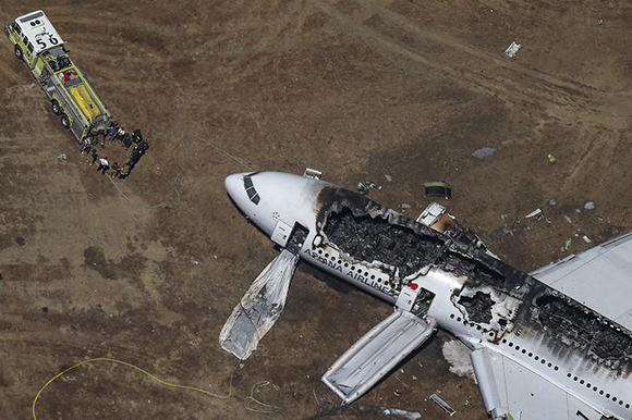 Rescue officials stand near an Asiana Airlines Boeing 777 plane after it crashed while landing at San Francisco International Airport in California Photo by Jed Jacobsohn