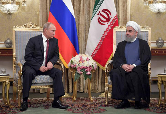  Russian President Vladimir Putin (L) meets with his Iranian counterpart Hassan Rouhani in Tehran, Iran November 1, 2017. Photo by Alexei Druzhinin 