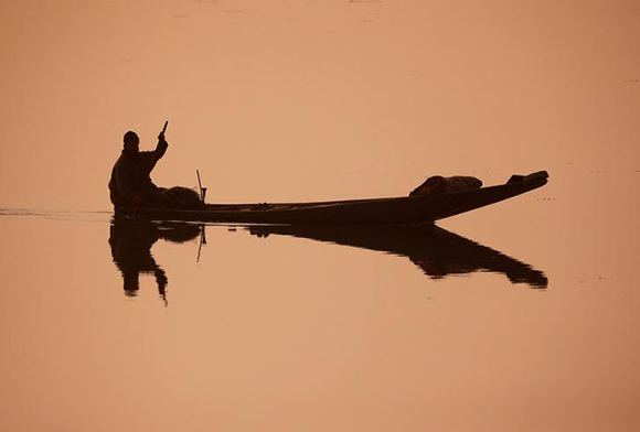  A fisherman rows his boat through the waters of the Dal Lake on a cold morning in Srinagar. Photo by Danish Ismail 