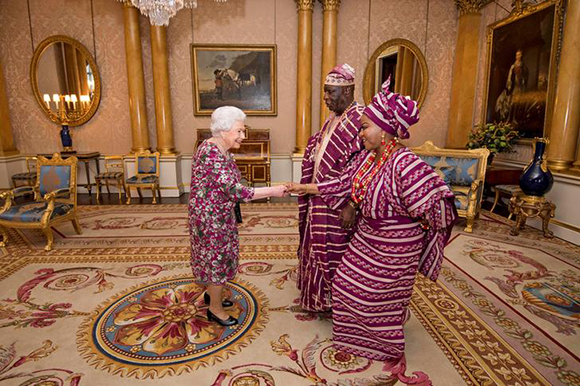  Britain's Queen Elizabeth meets George Adesola Oguntade, the High Commissioner of the Federal Republic of Nigeria, as he presents his Letter of Credence, with his wife, Mrs Oguntade, during a private audience at Buckingham Palace in central London, Britain December 6, 2017. Photo by Victoria Jones 