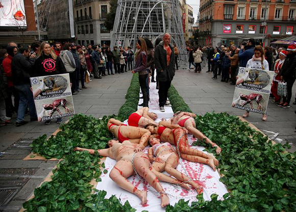  Animal rights activists protest against the usage of animal covering for clothing at Callao Square in Madrid, Spain December 10, 2017. Photo by Javier Barbancho 