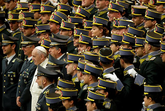 Pope Francis poses with Italian Guardia di Finanza cadets during the general audience in Paul VI hall at the Vatican January 10, 2018. Photo by Max Rossi 