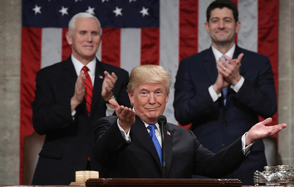  U.S. President Donald Trump delivers his first State of the Union address to a joint session of Congress inside the House Chamber on Capitol Hill in Washington, U.S., January 30, 2018. Photo by Win McNamee 