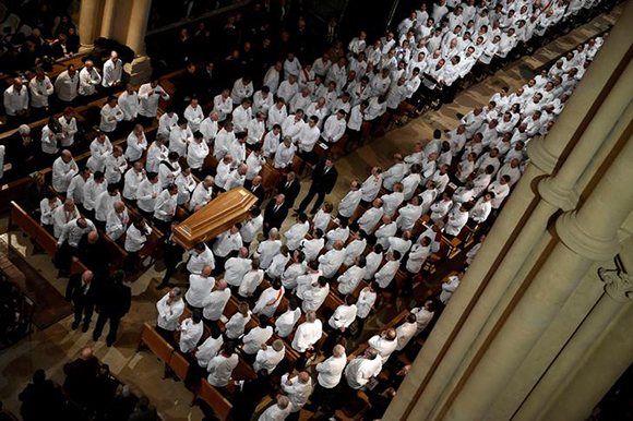  Chefs carry the coffin of late French chef Paul Bocuse during the funeral ceremony at the Saint-Jean Cathedral in Lyon, France, January 26, 2018. Photo by Philippe Desmazes 