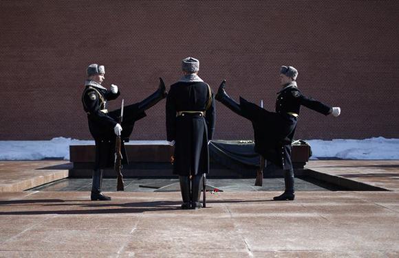  Members of the honour guard march during the changing of guards ceremony at the Tomb of the Unknown Soldier by the Kremlin wall in central Moscow, Russia. Photo by David Mdzinarishvili 