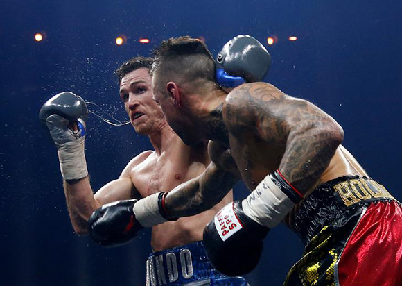  Boxing - World Boxing Super Series Semi Final - Callum Smith vs Nieky Holzken - Arena Nurnberger Versicherung, Nuremberg, Germany - February 24, 2018 Callum Smith in action with Nieky Holzken Photo by Ralph Orlowski 