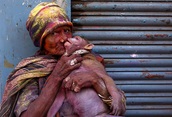  A woman daubed in colours kisses her monkey during Holi celebrations in Chennai, India March 2, 2018. Photo by P. Ravikumar 